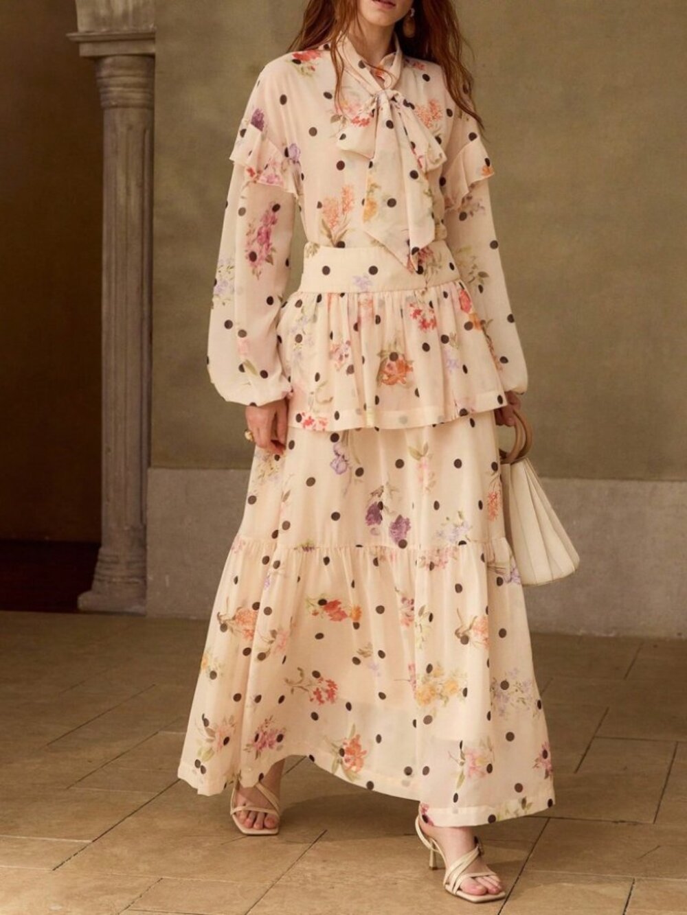 Cream Floral Polka Dot Tie Neck Ruffle Blouse and Tiered Maxi Skirt Set